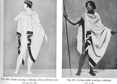 A black and white image with a depiction of a chlamys from a Greek vase on one side, and a more modern rendition with a live model. The chlamys is white with a black stripe near the bottom.
