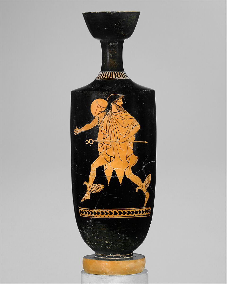 A vase depicting Hermes in a chlamys, wearing winged shoes, and holding a caduceus. The vase is black and the image is light orange